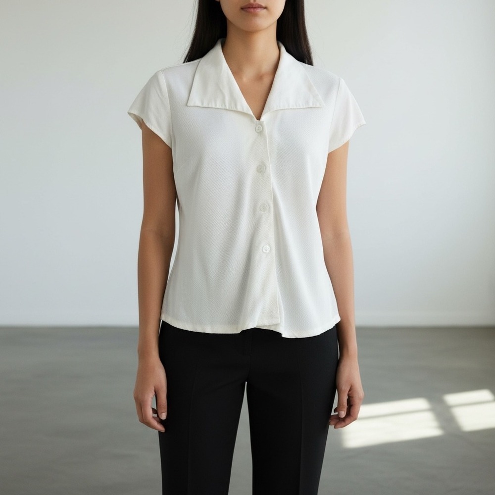 90s Minimalist Vintage Button Up Top S White Rayon/Acetate Wide Collar Clean Grl